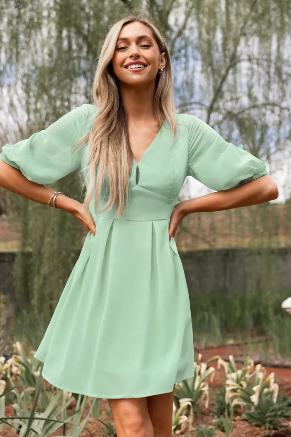 New Cupshe Mint Blouson Sleeve Lace-Up Back Mini Dress Light Green