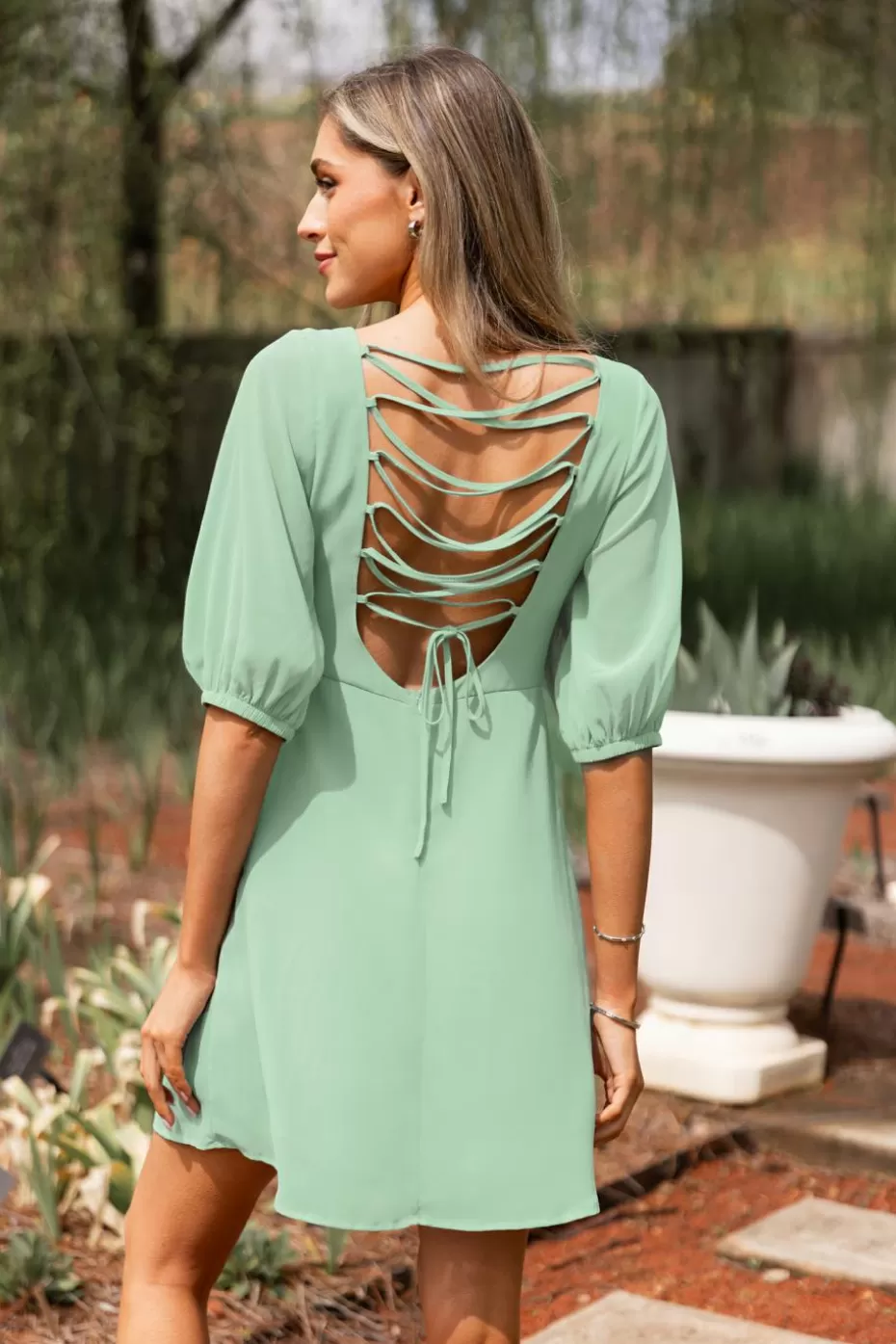 New Cupshe Mint Blouson Sleeve Lace-Up Back Mini Dress Light Green