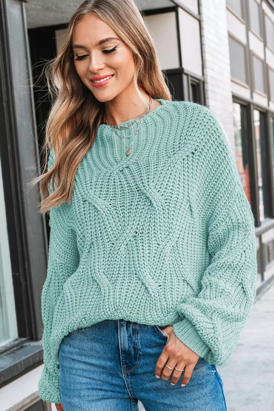 Store Cupshe High Neck Long Sleeve Knit Sweater Mint
