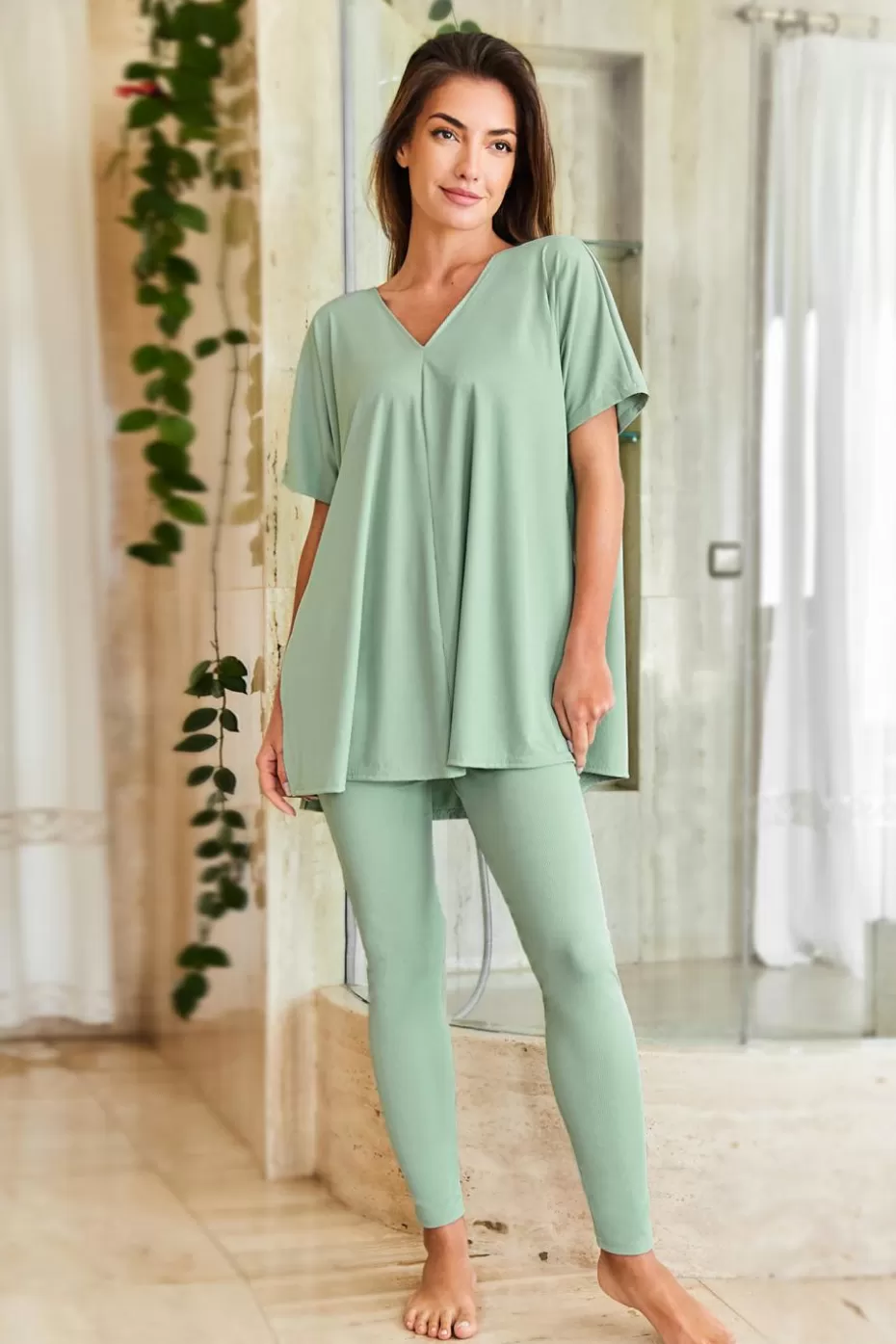 Online Cupshe Jersey Top & Leggings Pajama Set Mint