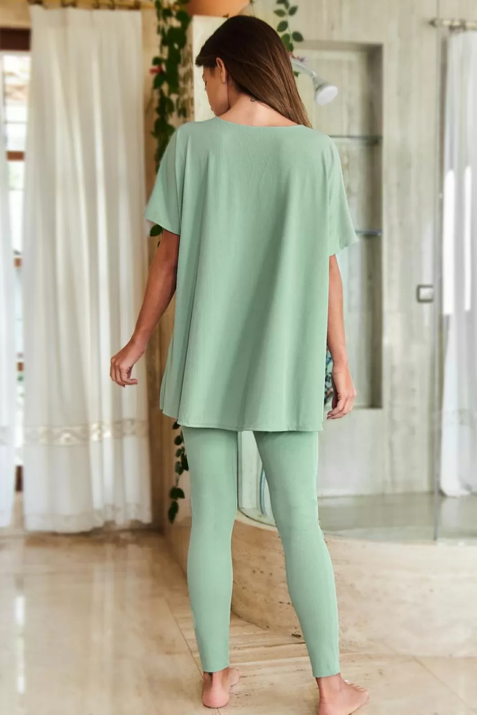 Online Cupshe Jersey Top & Leggings Pajama Set Mint