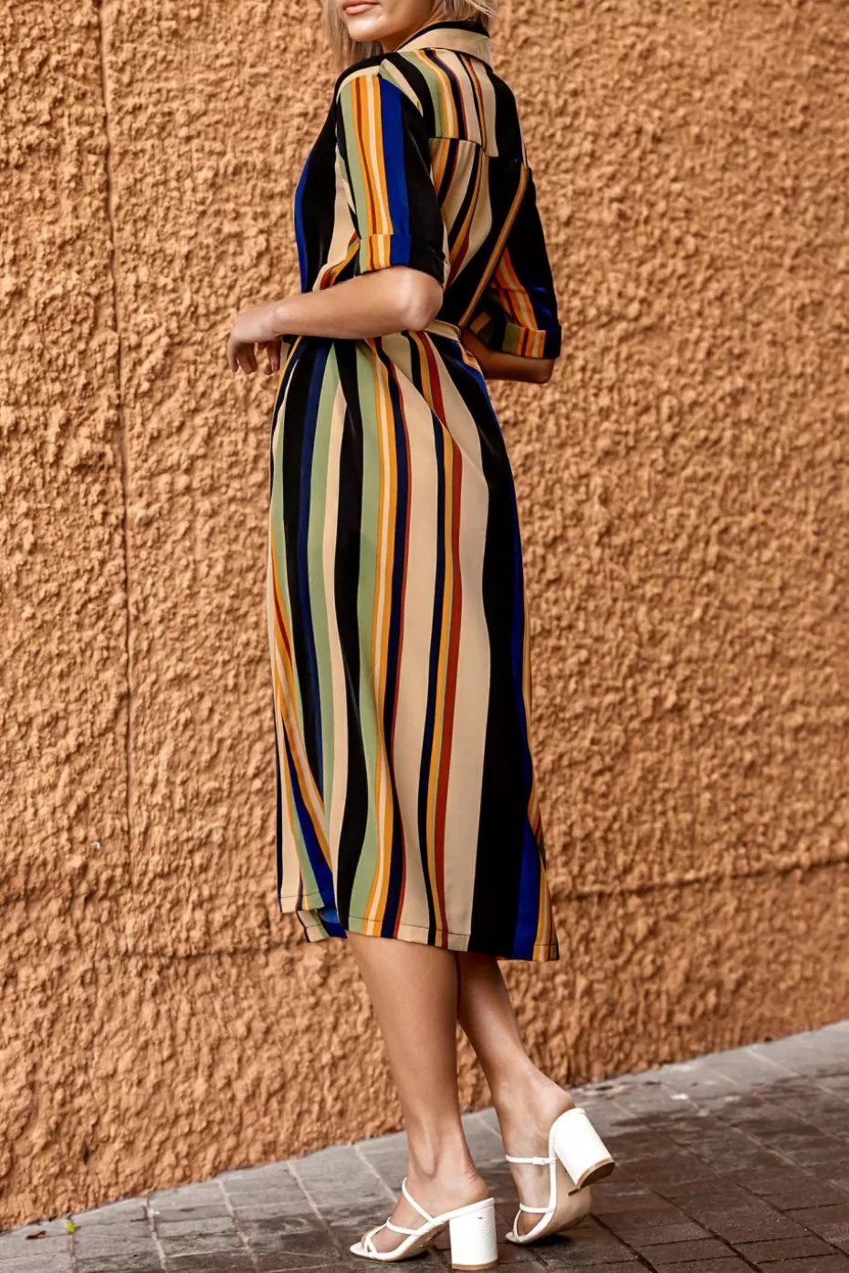 Outlet Cupshe -Colored Irregular Stripe Collared Front Button Midi Dress Multi