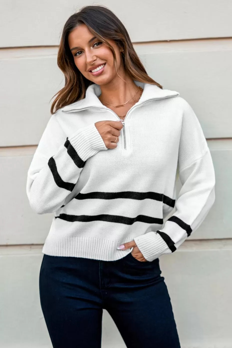 Best Sale Cupshe Nautical Collared Front Zip Sweater White