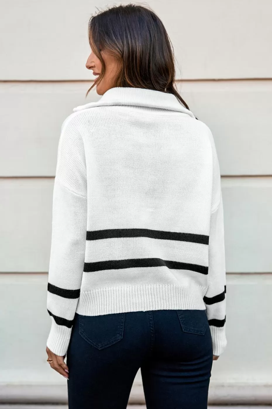 Best Sale Cupshe Nautical Collared Front Zip Sweater White