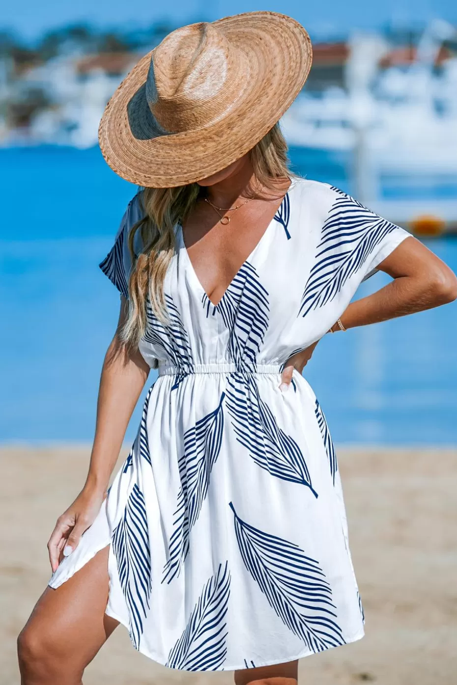 Store Cupshe Navy & White Palm Leaf Dolman Sleeve Mini Cover-Up White-Black