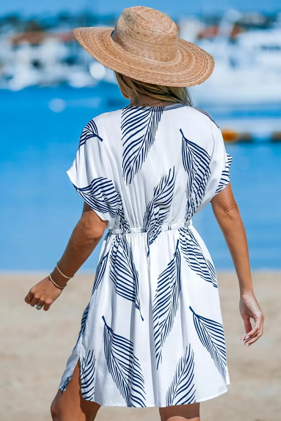 Store Cupshe Navy & White Palm Leaf Dolman Sleeve Mini Cover-Up White-Black
