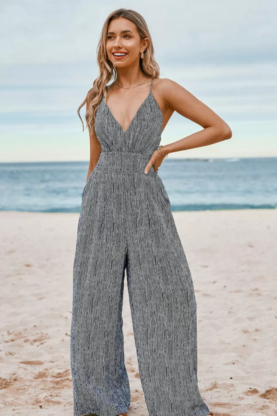 Shop Cupshe & White Sleeveless V-Neck Wide Leg Jumpsuit Navy