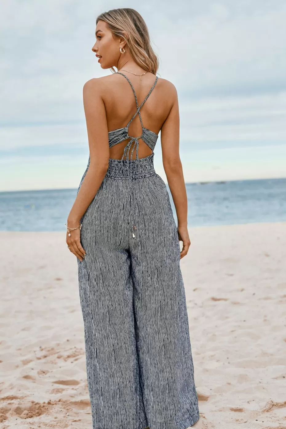 Shop Cupshe & White Sleeveless V-Neck Wide Leg Jumpsuit Navy