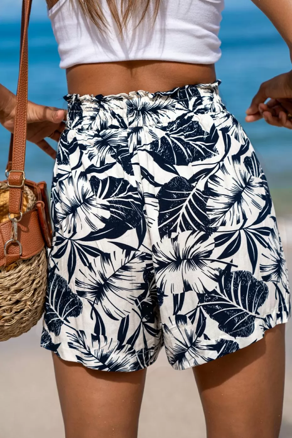 Cheap Cupshe & White Smocked Waist Tassel Tie Shorts Navy