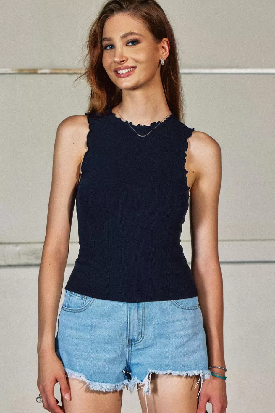 Online Cupshe Navy Blue Lettuce-Edge Tank Top Dark Navy