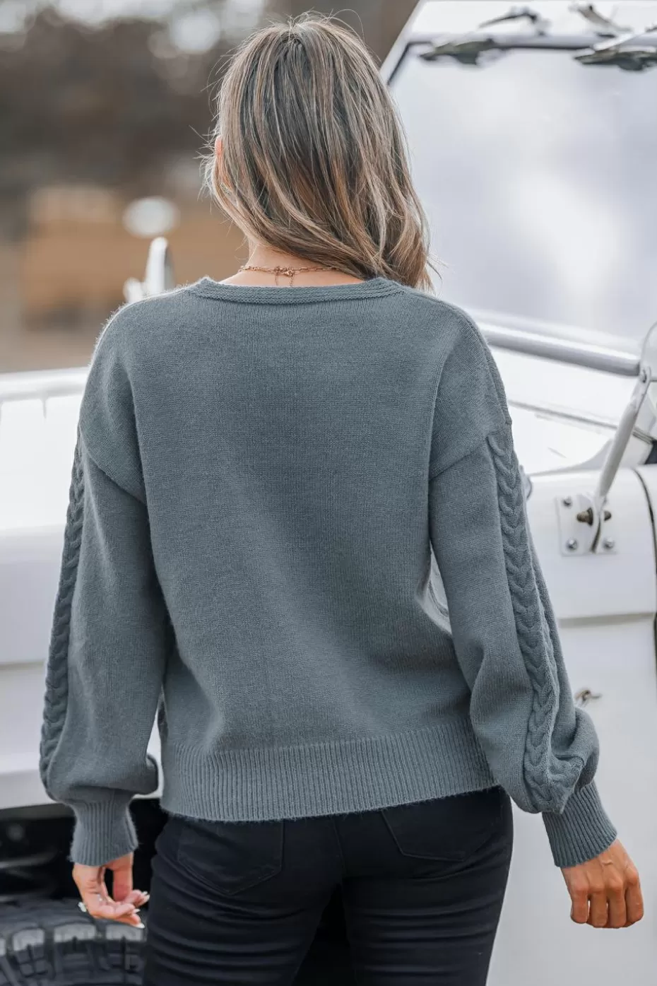 Discount Cupshe Navy Cable Knit V-Neck Long Sleeve Sweater Dark Navy