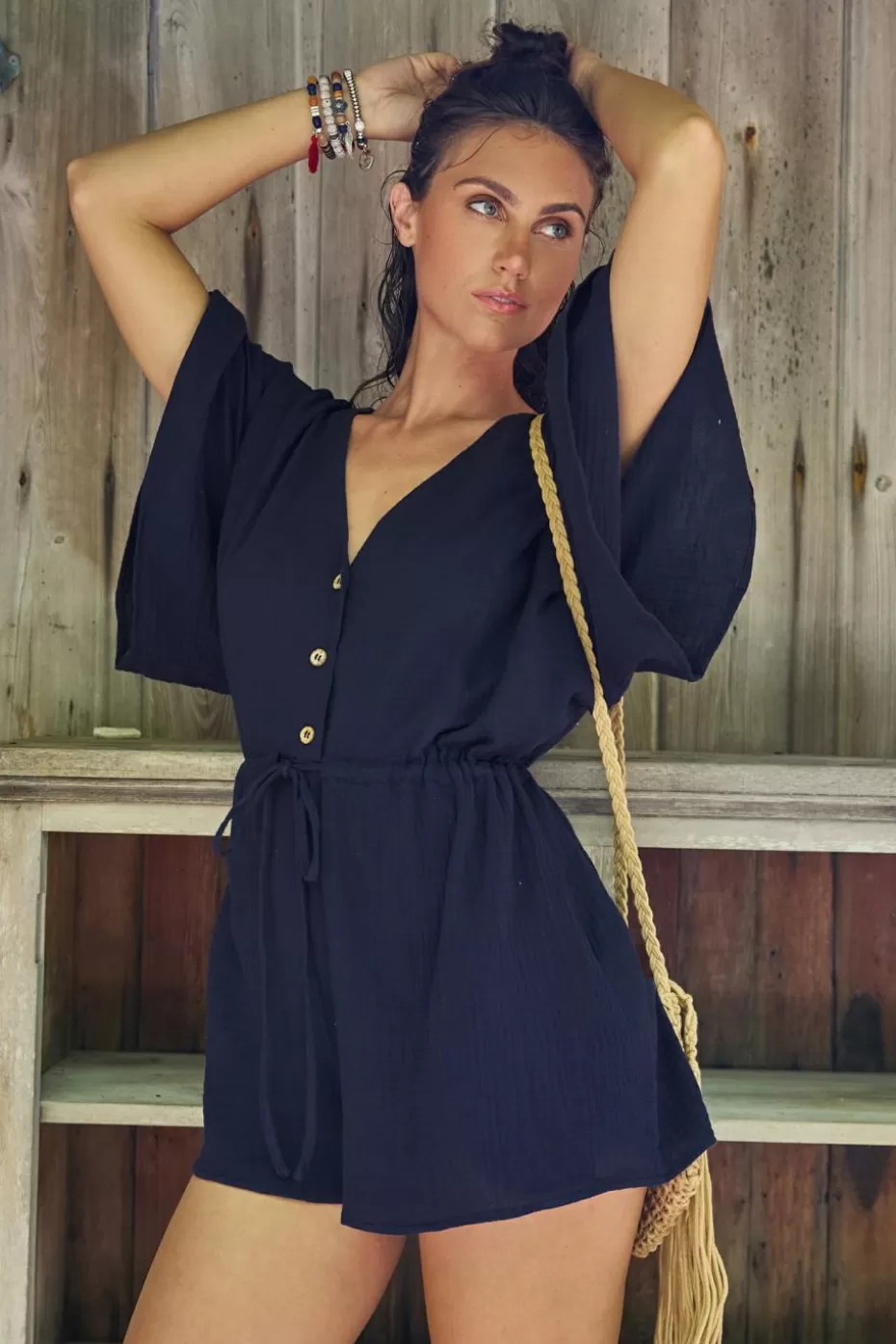 Fashion Cupshe Dolman Sleeve Loose Leg Romper Navy