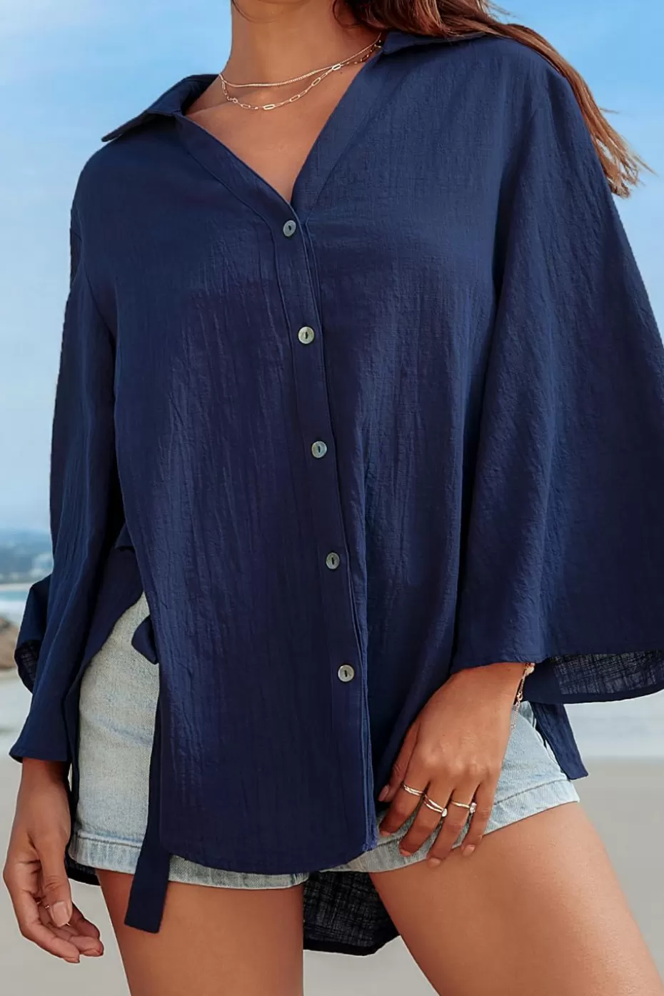 Discount Cupshe Flared Sleeve Side Tie Blouse Navy