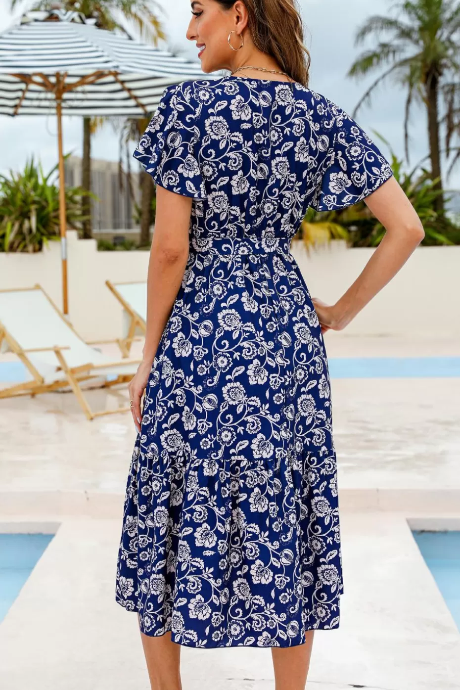 Discount Cupshe Navy Floral V-Neck Flared Sleeve Maxi Dress Dark Navy