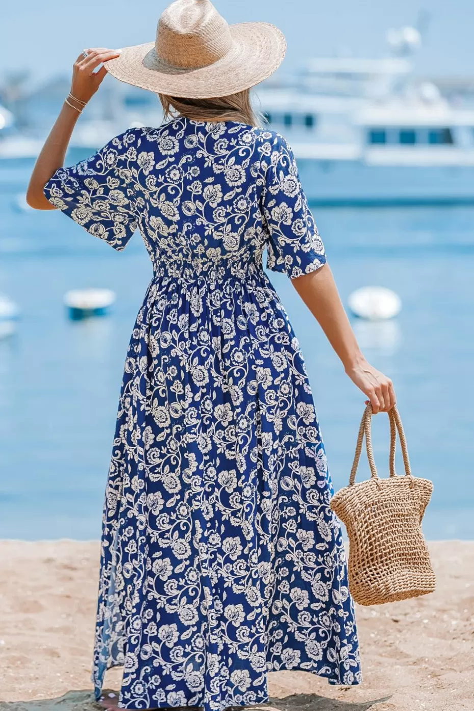New Cupshe Floral V-Neck Twist & Keyhole Maxi Dress Navy