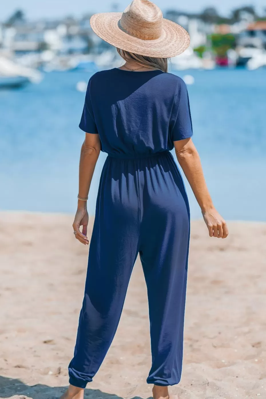 Cheap Cupshe Front Button Straight Leg Jersey Jumpsuit Navy