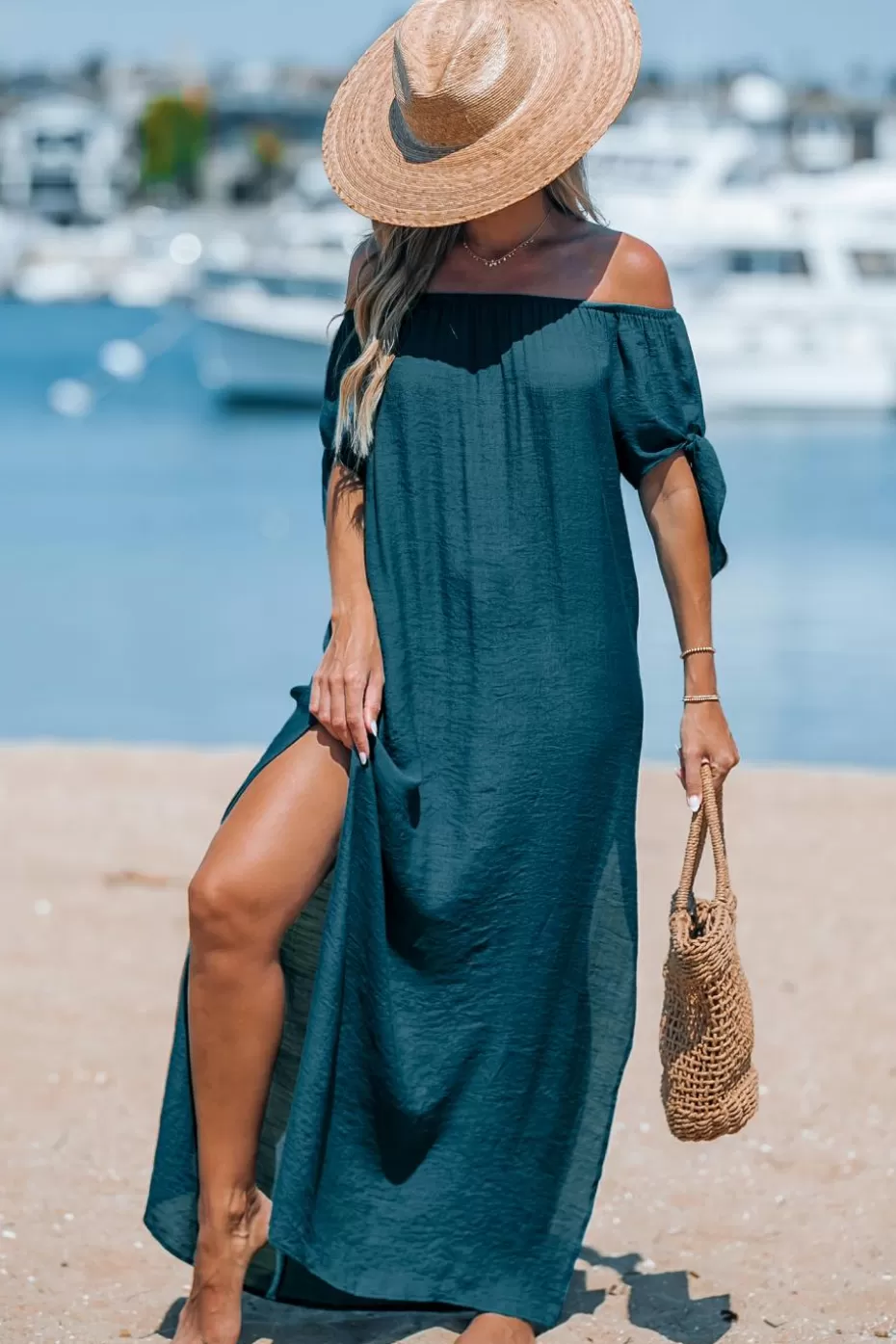 Store Cupshe Off-Shoulder Split Hem Maxi Cover-Up Dress Navy