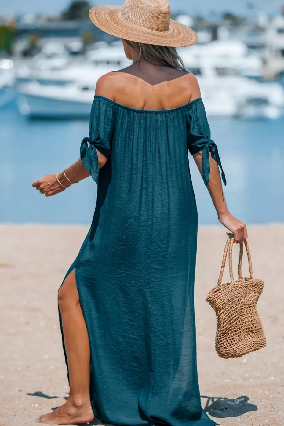 Store Cupshe Off-Shoulder Split Hem Maxi Cover-Up Dress Navy