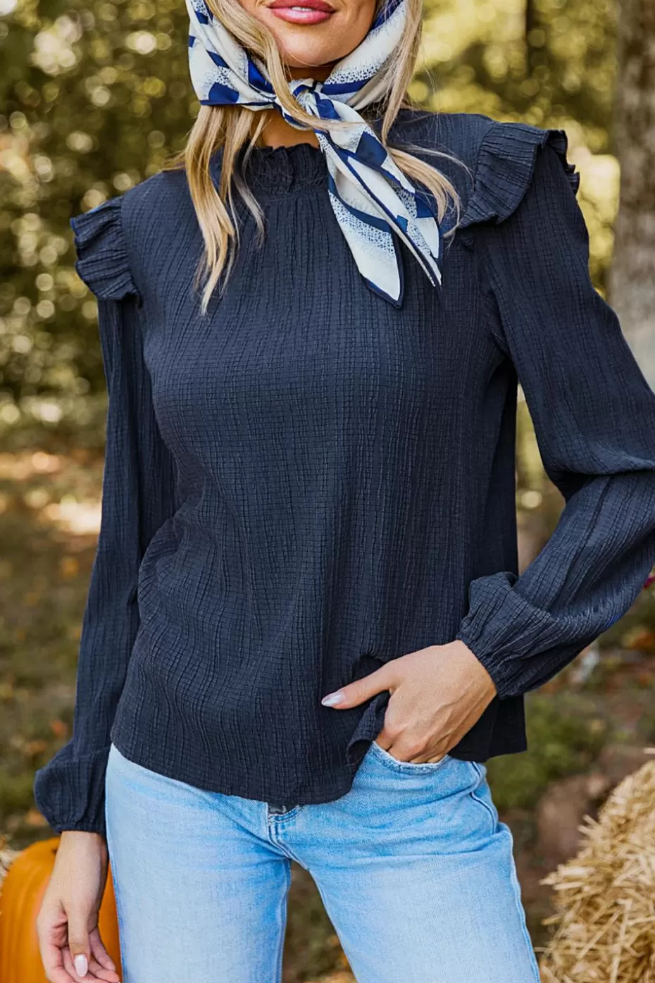 Cheap Cupshe Ruffled Mockneck Blouson Sleeve Top Navy