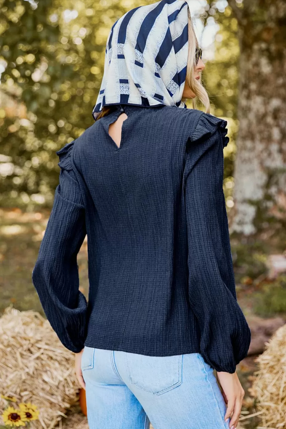 Cheap Cupshe Ruffled Mockneck Blouson Sleeve Top Navy