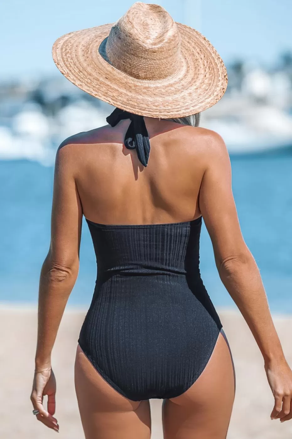 Cheap Cupshe Shirred Halterneck Standard One-Piece Navy