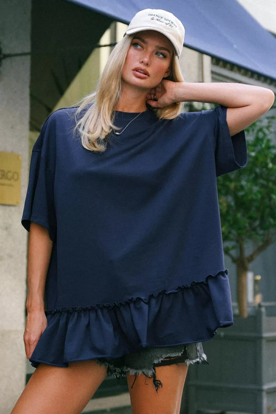Discount Cupshe Navy Short Sleeve Ruffle Hem Tee Blue