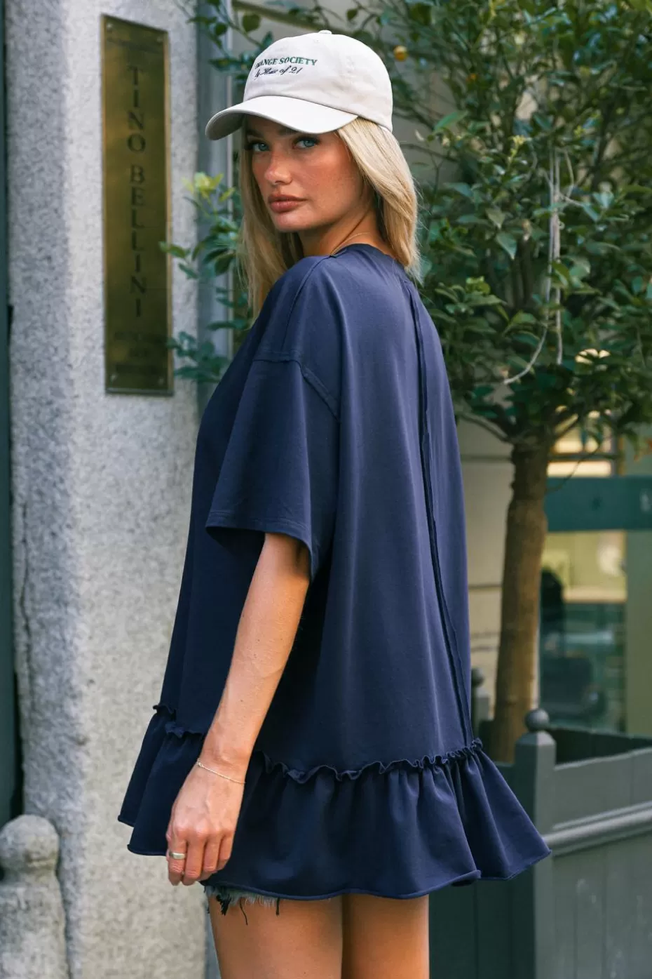 Discount Cupshe Navy Short Sleeve Ruffle Hem Tee Blue