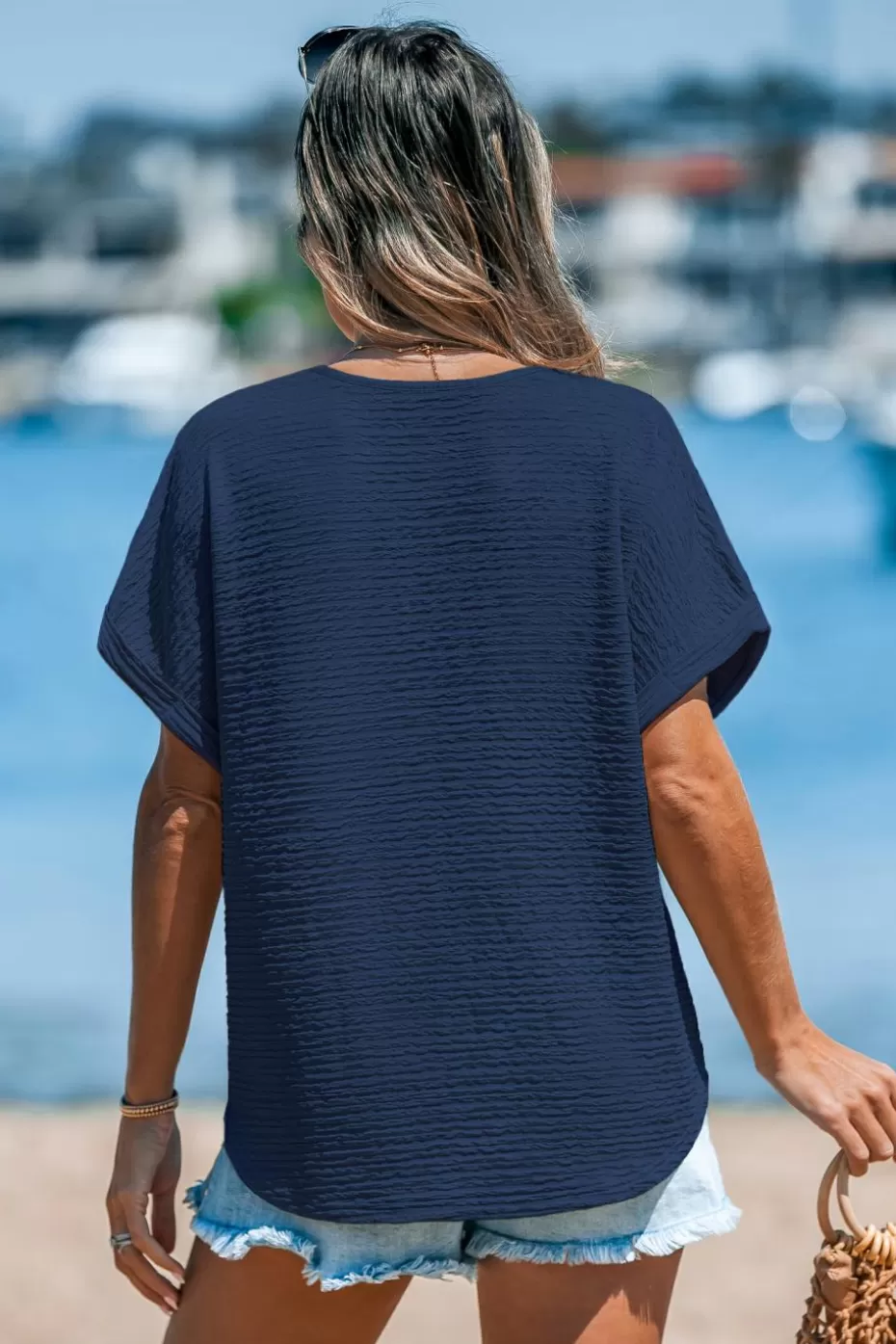 Store Cupshe Short Sleeve V-Neck Tee Navy