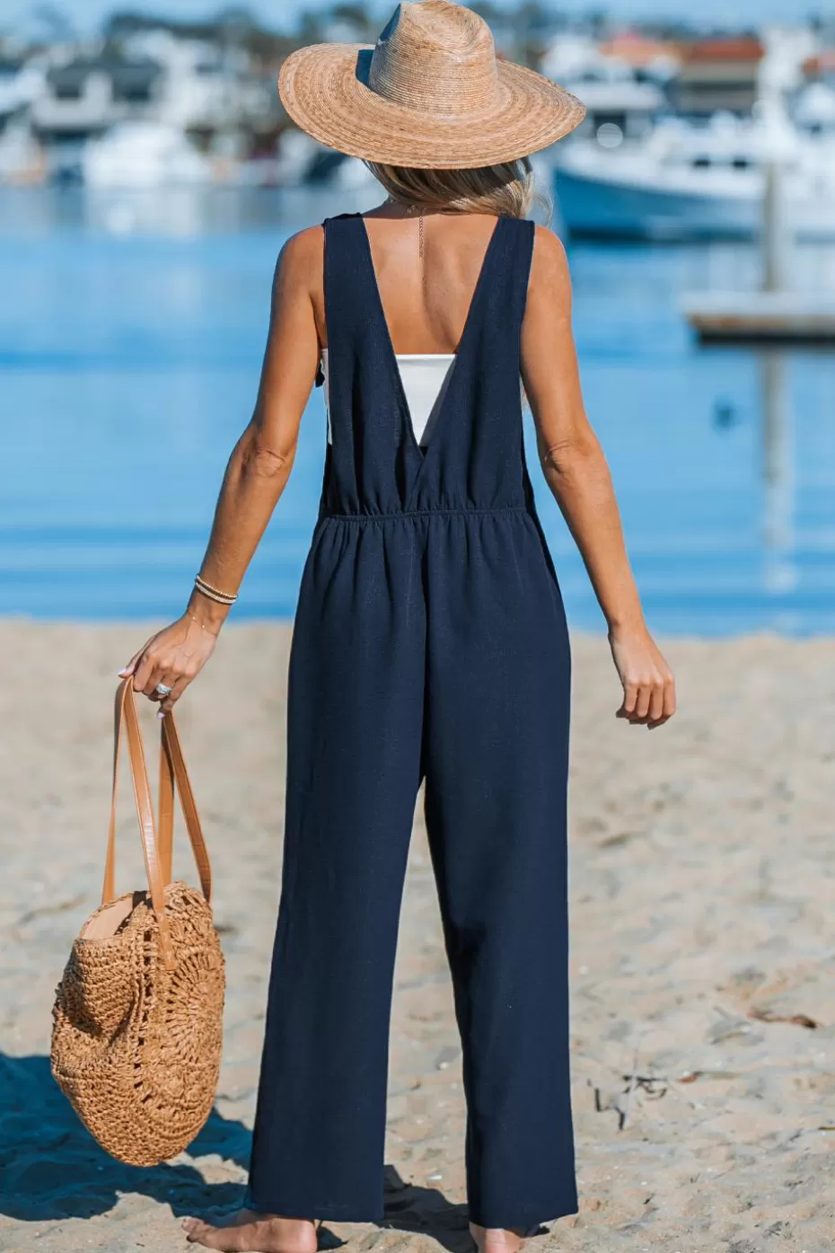 New Cupshe Square Neck Straight Leg Jumpsuit Navy
