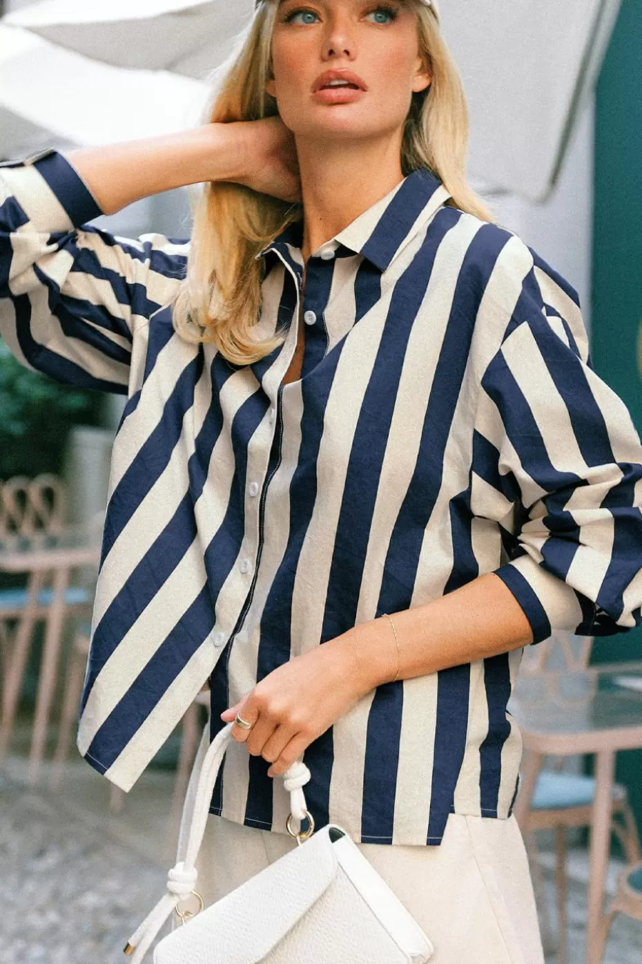 Cheap Cupshe Navy Striped Collared Long Sleeve Button-Up White