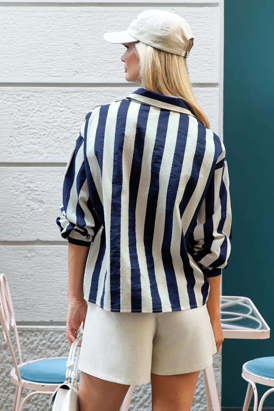 Cheap Cupshe Navy Striped Collared Long Sleeve Button-Up White