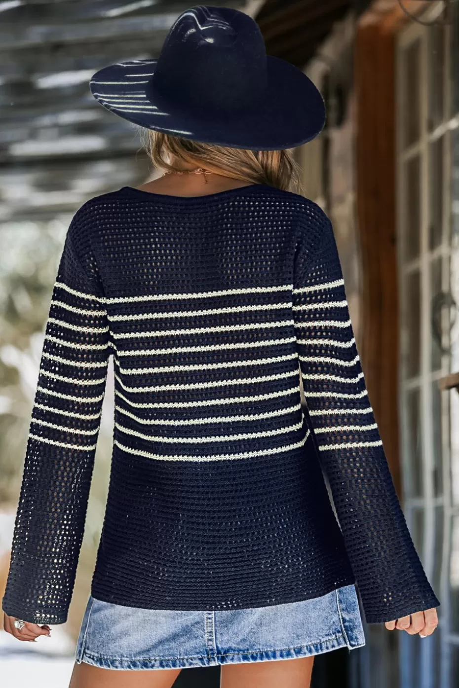 Sale Cupshe Striped Round Neck Long Sleeve Open Knit Sweater Navy