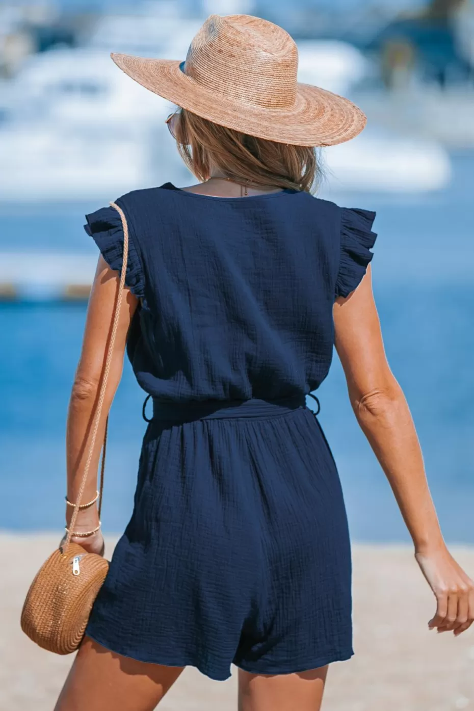 Online Cupshe Navy Surplice Flutter Sleeve Romper Dark Navy