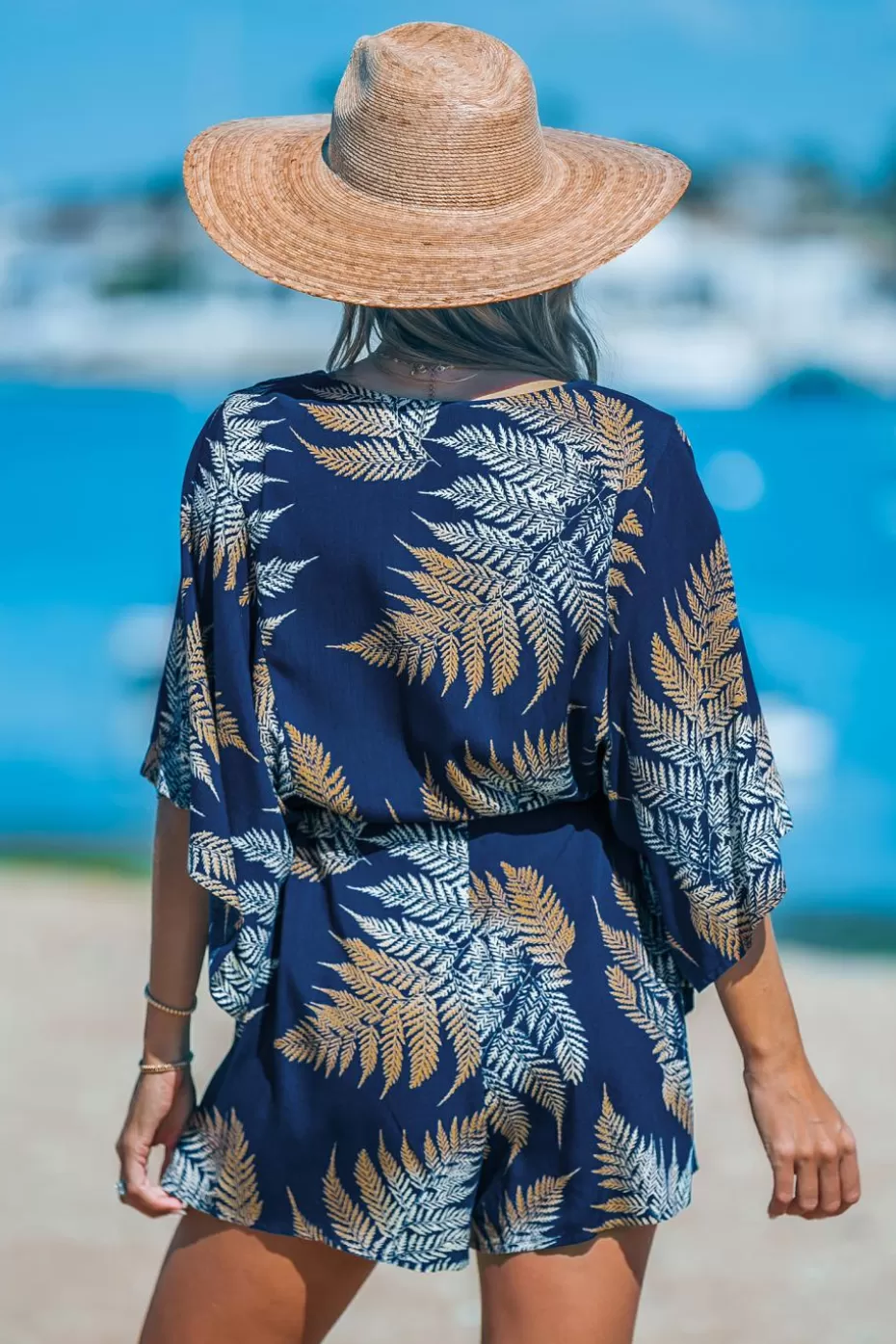 Online Cupshe Tropical Flared Sleeve Pocket Romper Navy