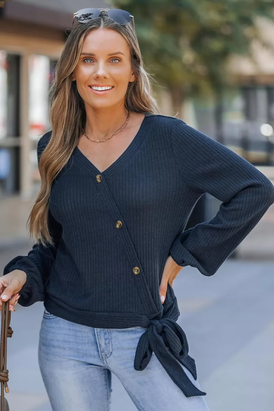 Flash Sale Cupshe V-Neck Blouson Sleeve Jersey Top Navy