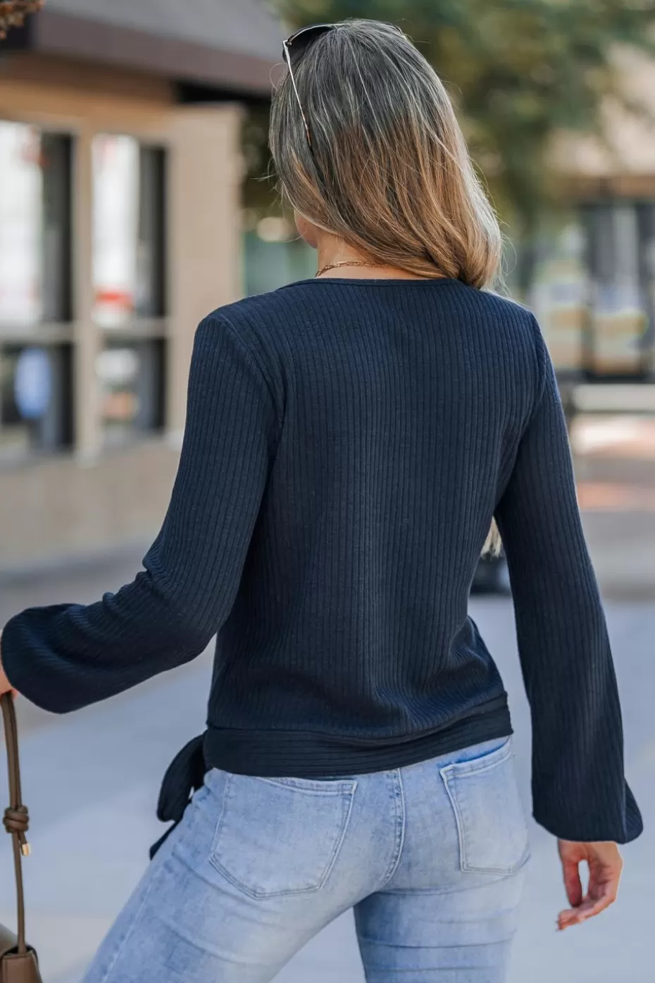Flash Sale Cupshe V-Neck Blouson Sleeve Jersey Top Navy