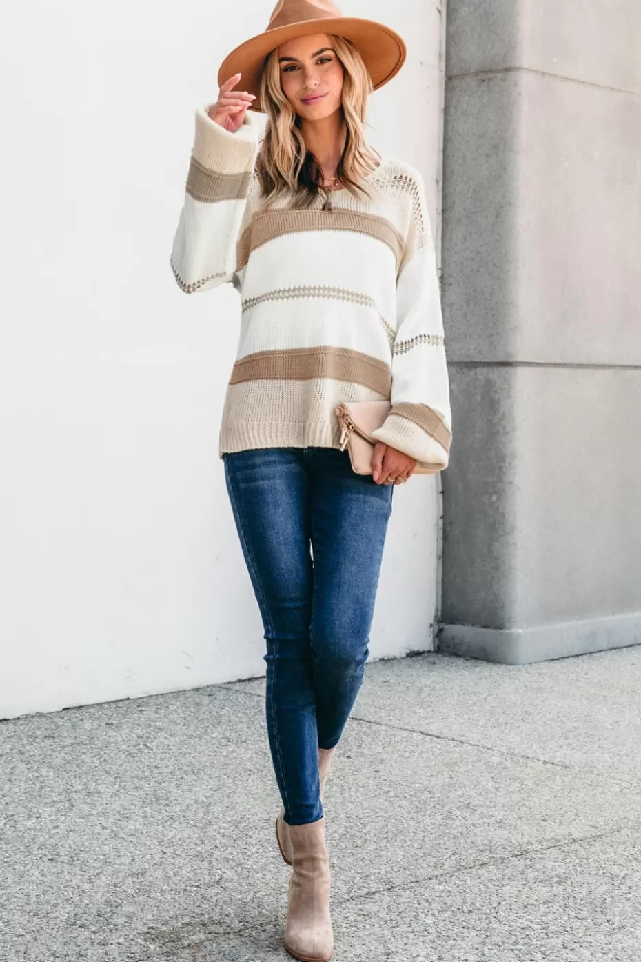 Fashion Cupshe Neutral Colorblock Long Sleeve Sweater Brown