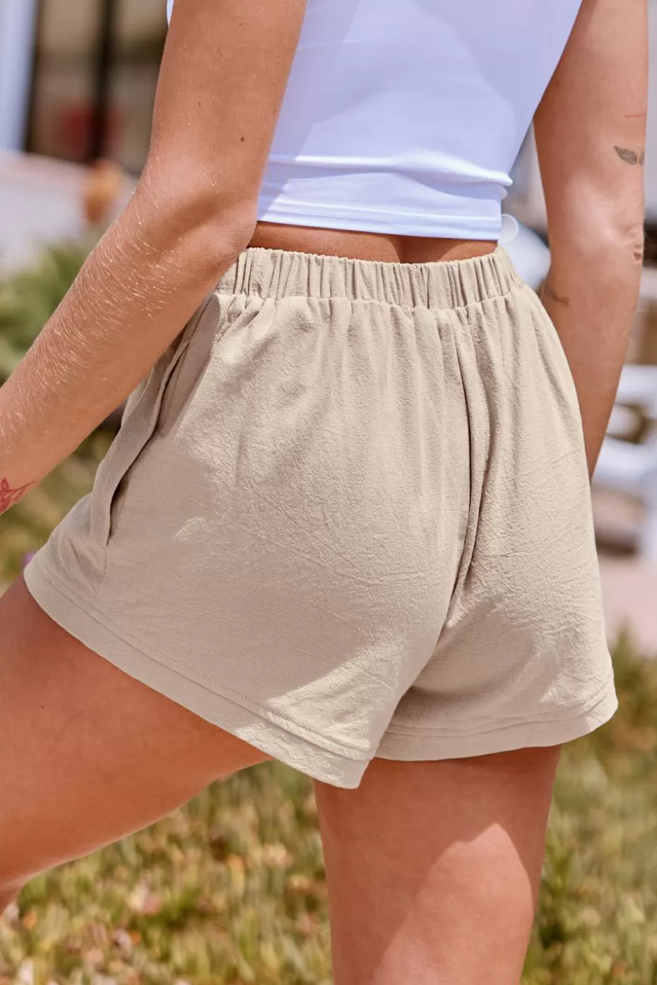 Online Cupshe Cotton Elastic Waist Wide Leg Shorts Neutral