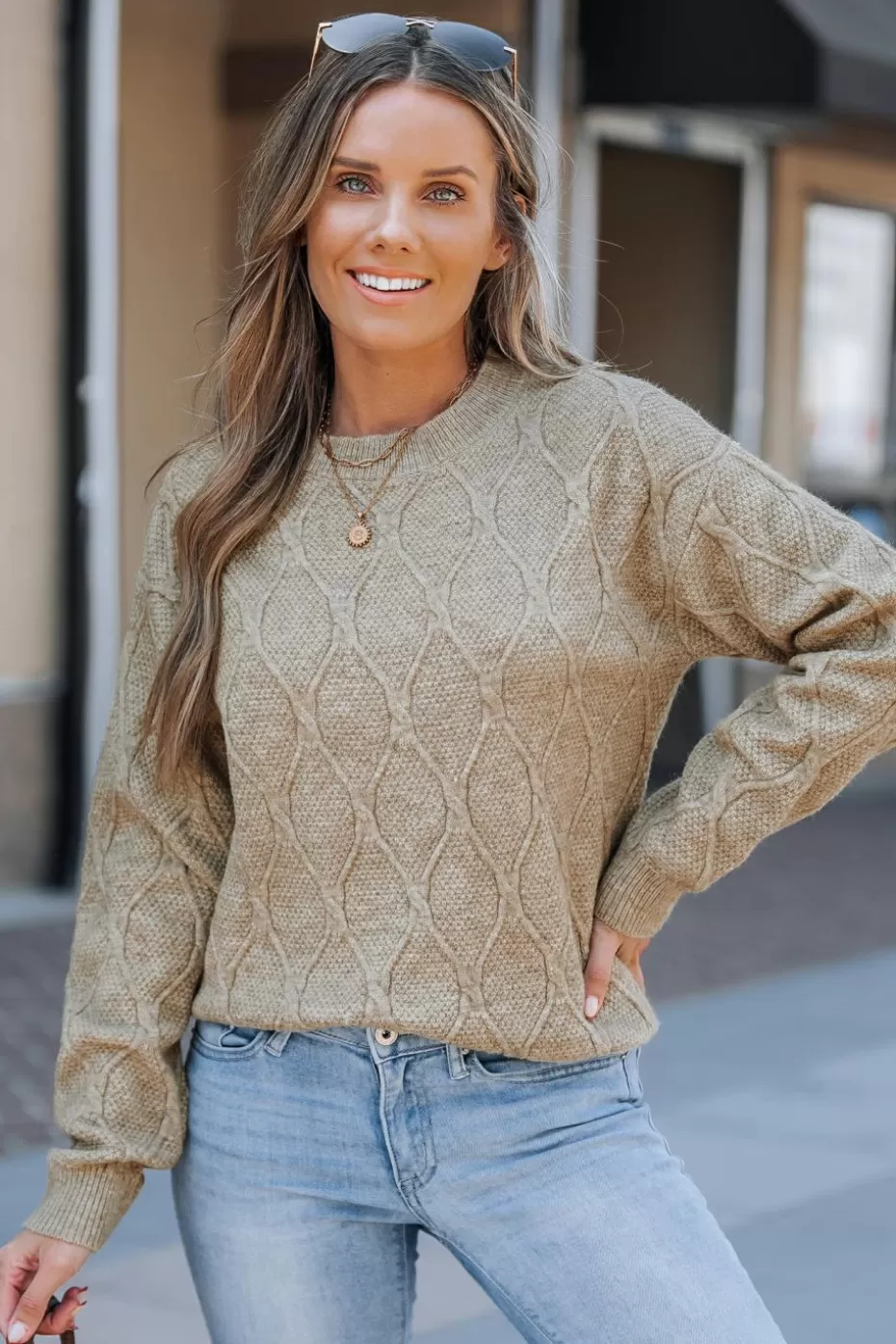 Sale Cupshe Knit Round Neck Long Sleeve Sweater Neutral