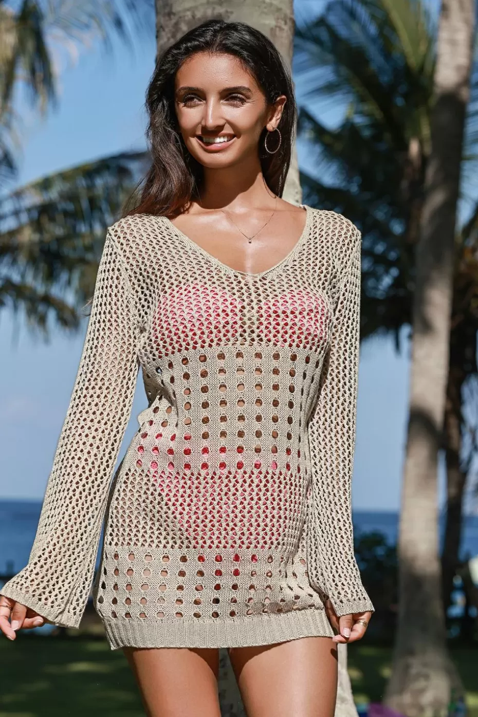 Best Sale Cupshe Long Sleeve Crochet Mini Cover-Up Neutral