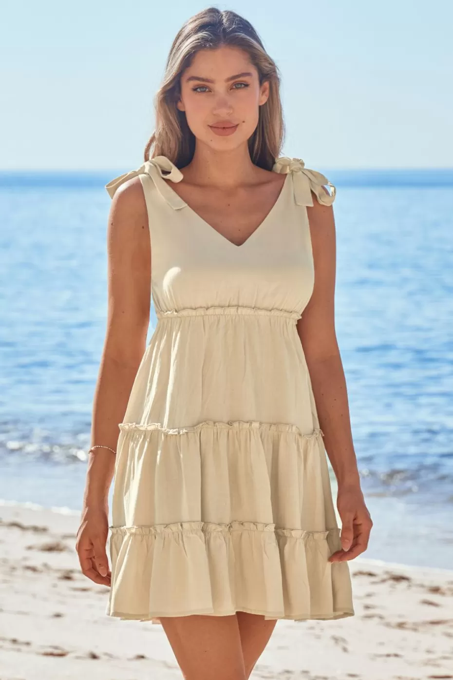 Flash Sale Cupshe Sleeveless Tie Shoulder Mini Dress Neutral