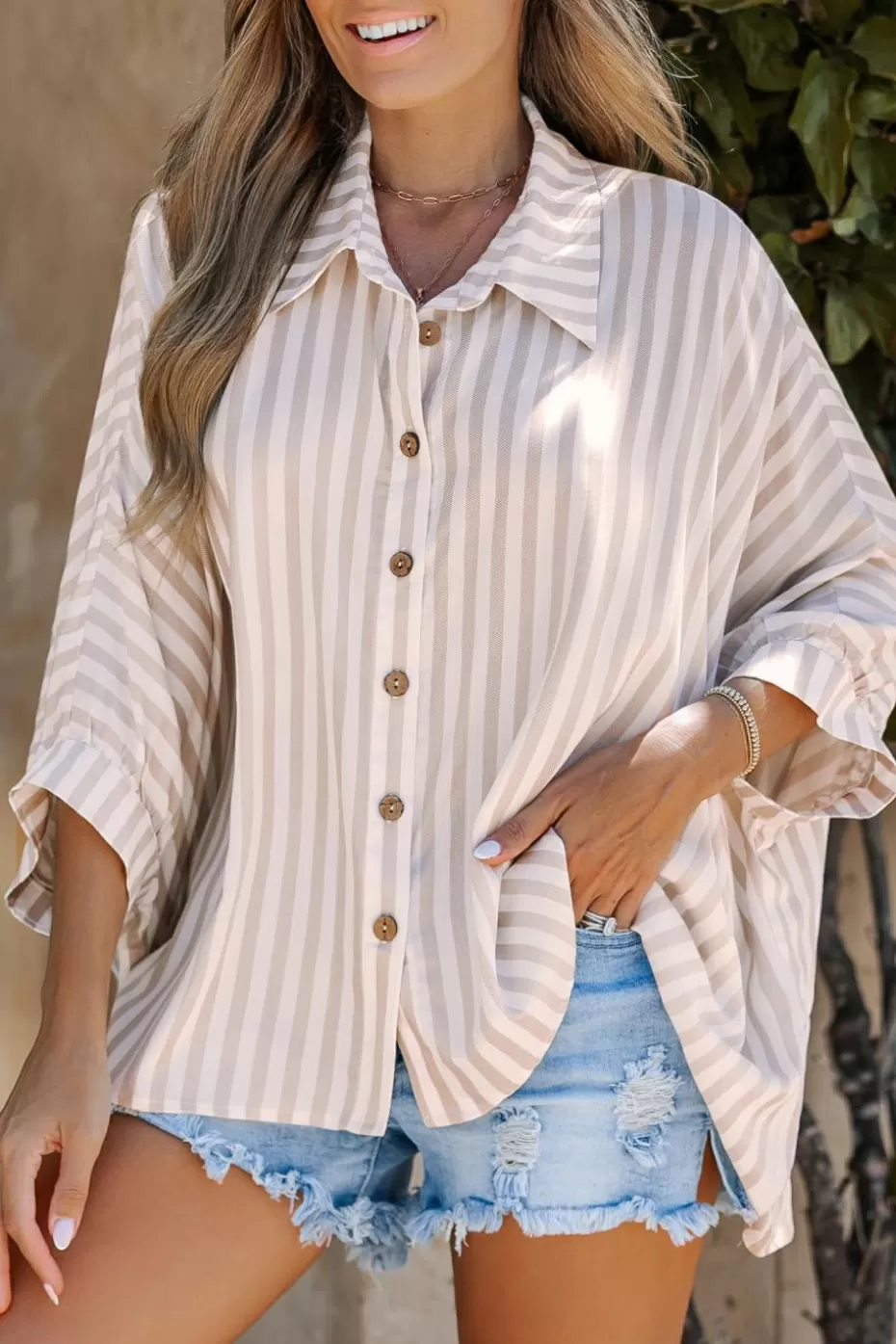 Best Sale Cupshe Neutral Striped Collared Front Button Dolman Sleeve Shirt Khaki