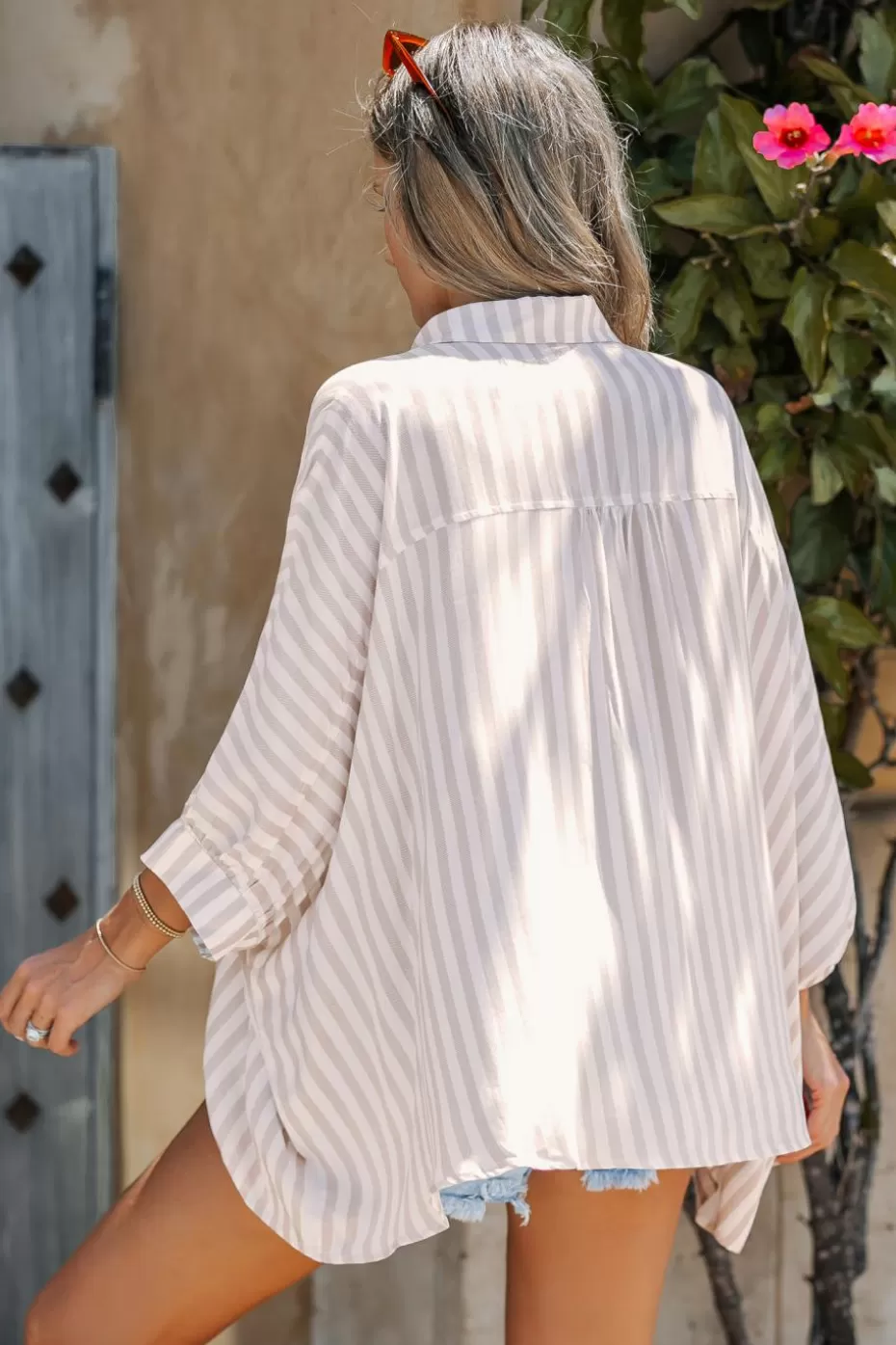 Best Sale Cupshe Neutral Striped Collared Front Button Dolman Sleeve Shirt Khaki