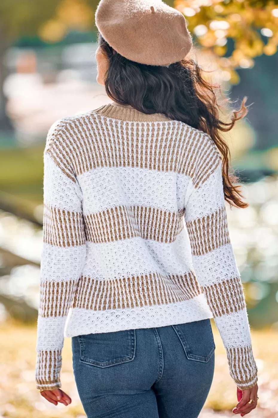 Online Cupshe Neutral Striped Intarsia Knit Long Sleeve Sweater Khaki