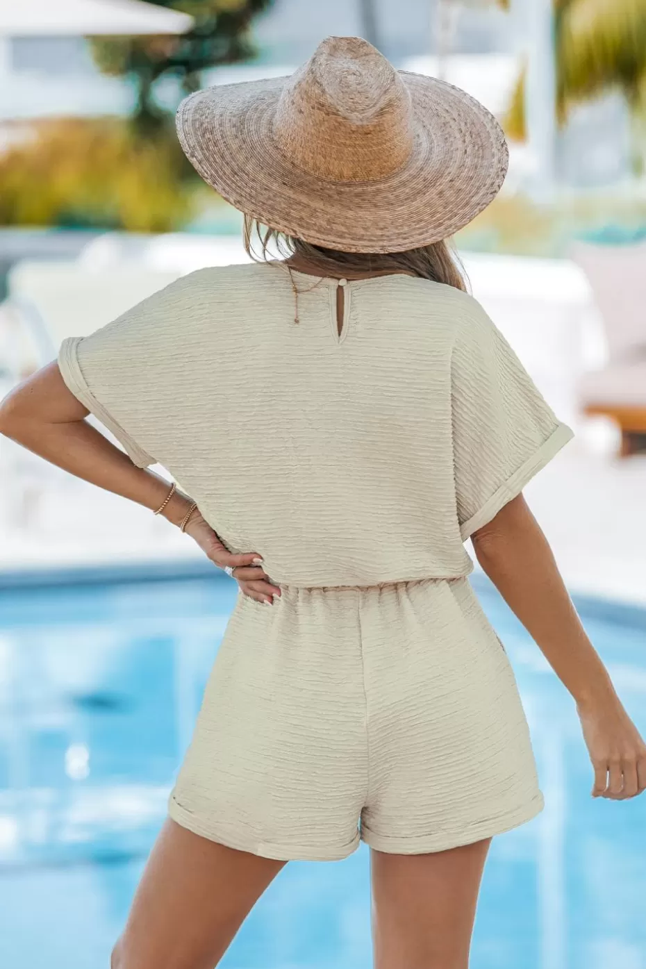 Outlet Cupshe Neutral V-Neck Drawstring Romper Khaki