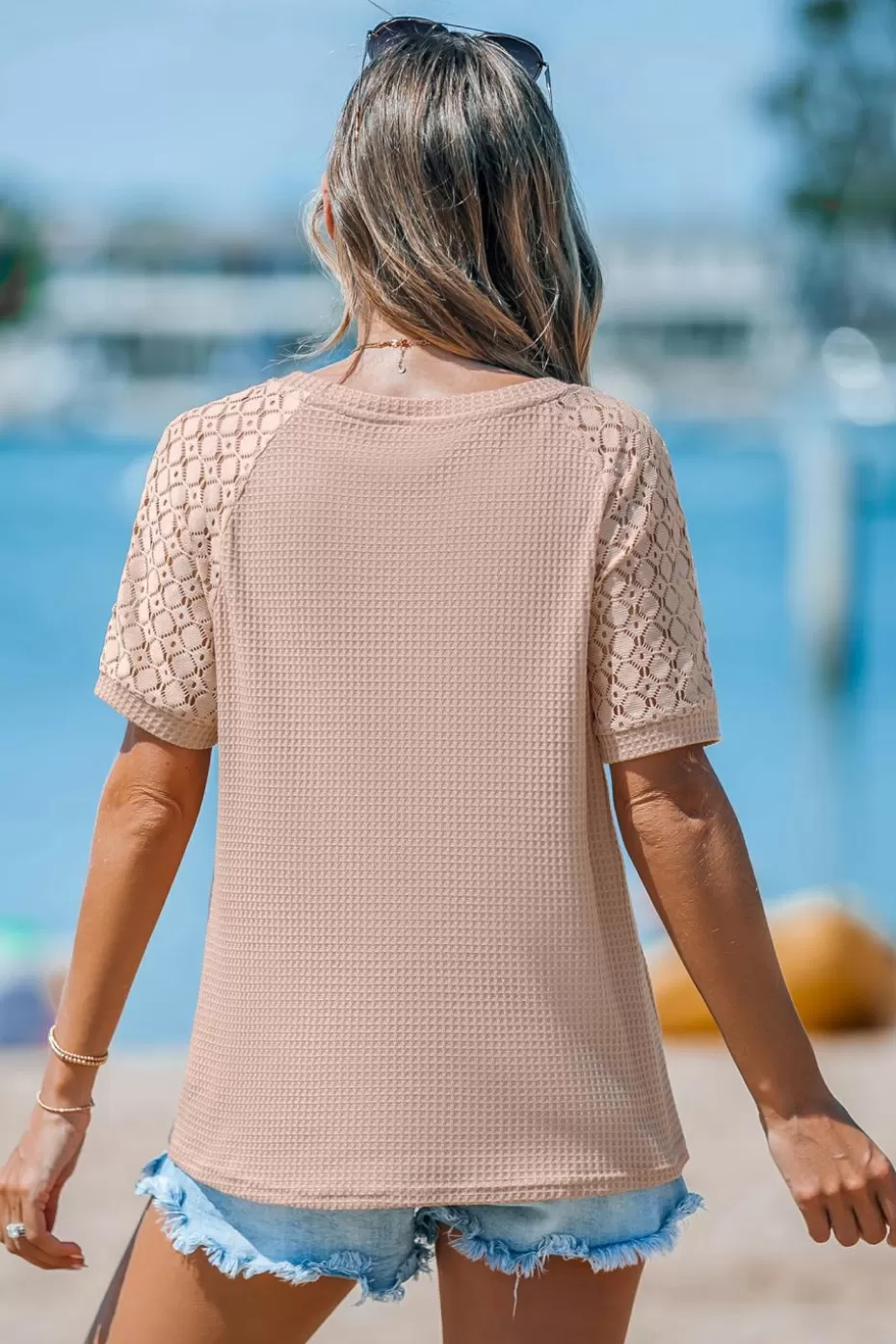 Store Cupshe Waffle Knit Lace Sleeve Twist Tee Neutral