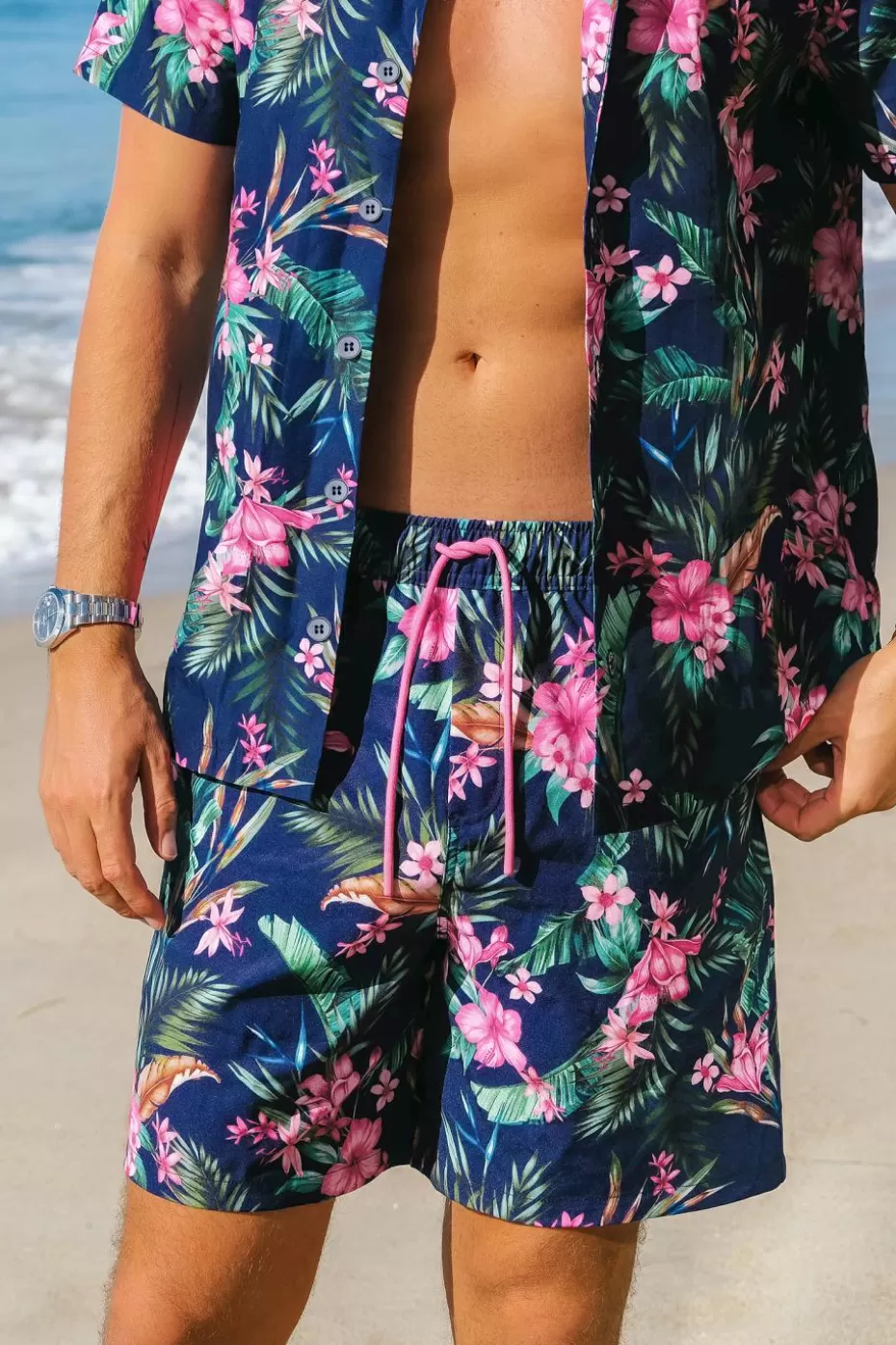 Store Cupshe Night Orchid Tropical Board Shorts Navy