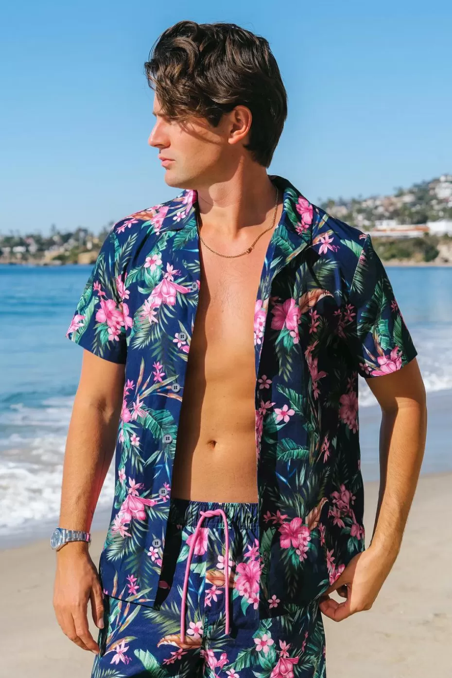 Fashion Cupshe Night Orchid Tropical Button Up Shirt Navy
