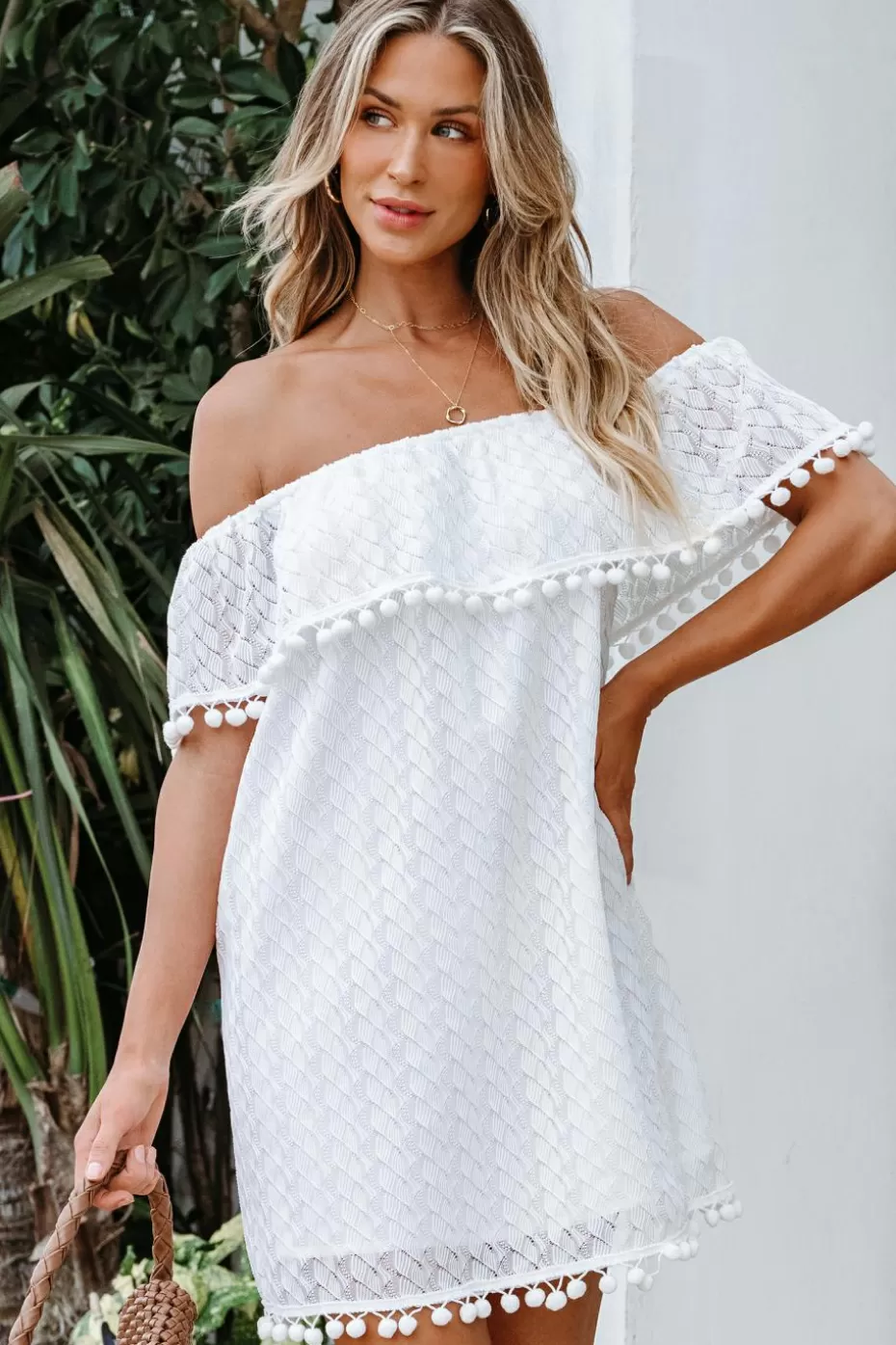 Sale Cupshe Off-Shoulder Pom-Pom Mini Dress White