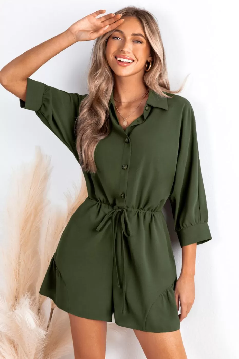 Hot Cupshe Olive Collared Button Up Wide Leg Romper Green